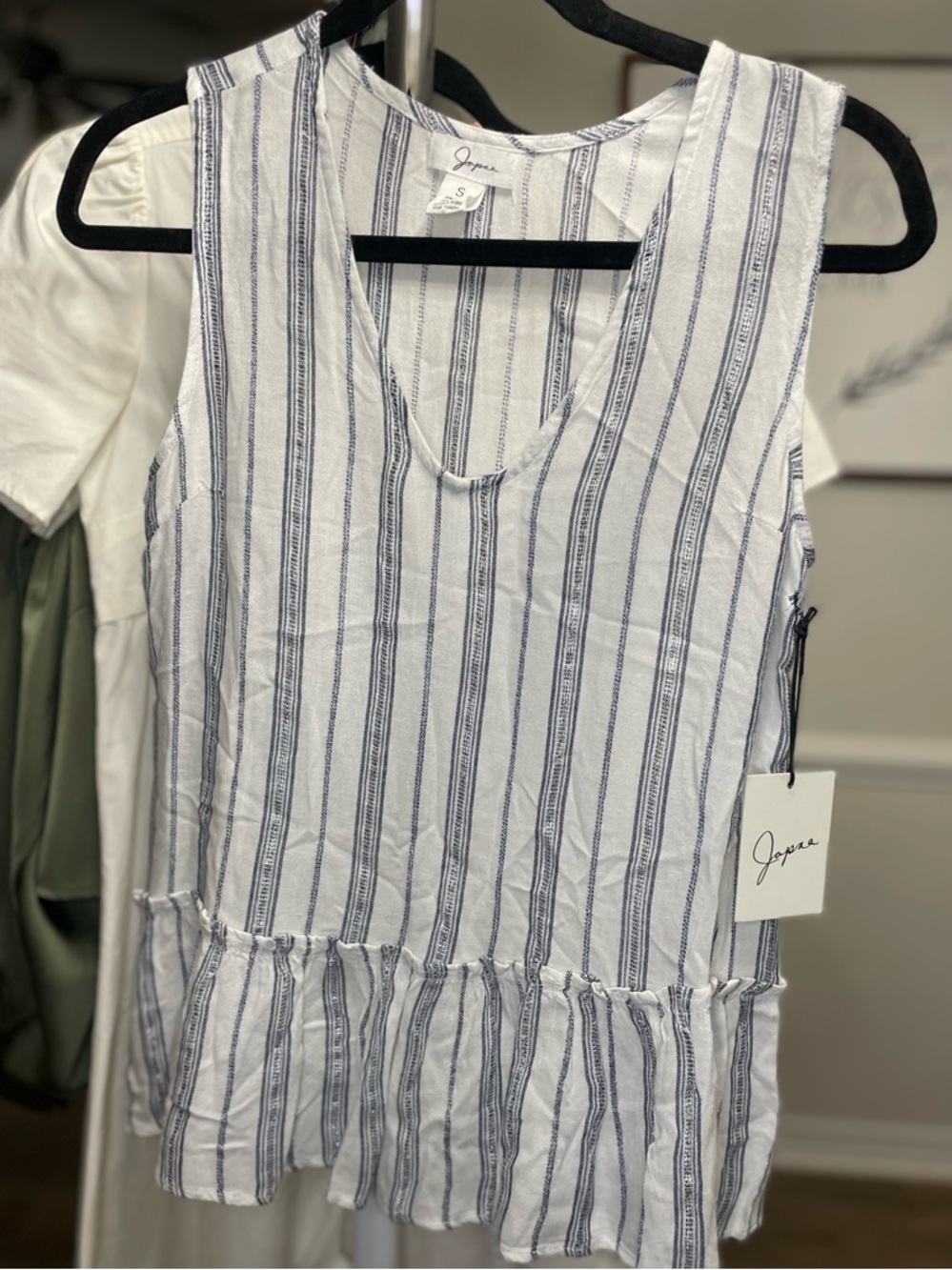 Japna Striped Sleeveless Top Ruffle Hem White Blue Size Small